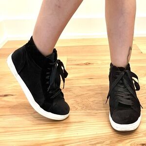 black velvet satin ribbon laced high-top sneakers